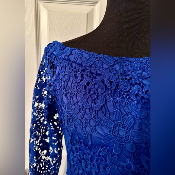 Bebe Dress Off Shoulder Crochet Lace 3/4 Sleeve Cobalt Blue Dress Sz 12 - Picture 6 of 7